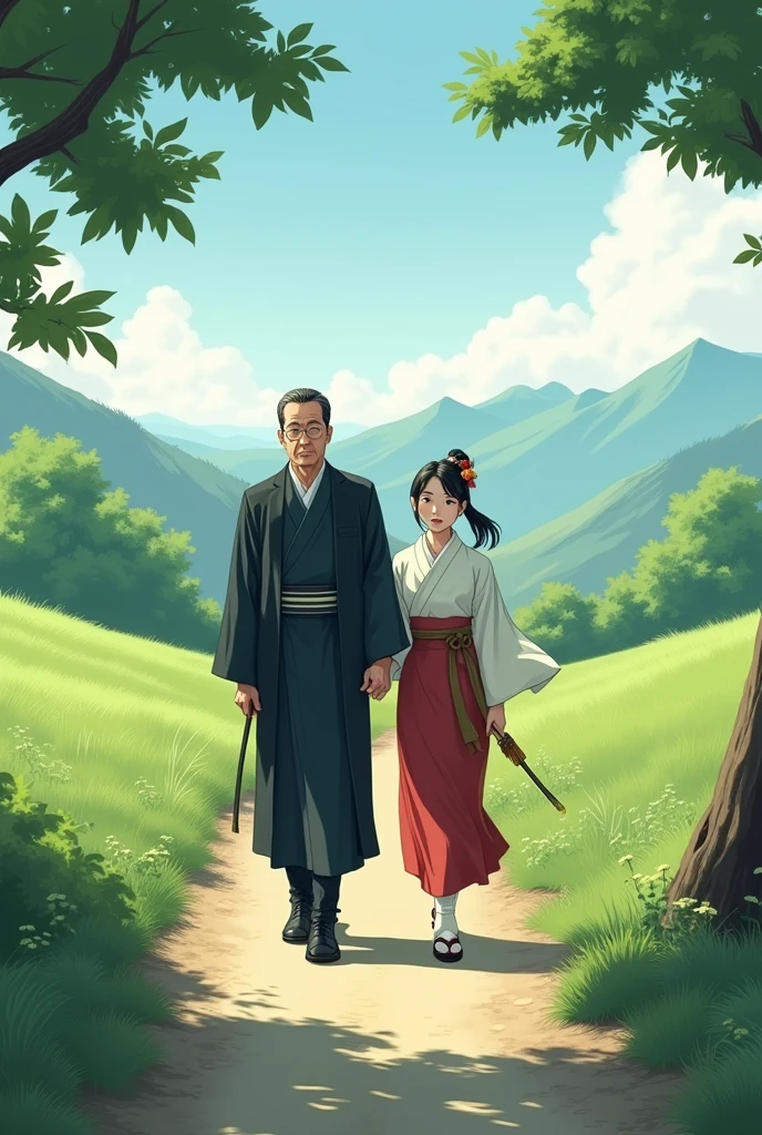 Japanese general with his 20-year-old daughter walking in the countryside