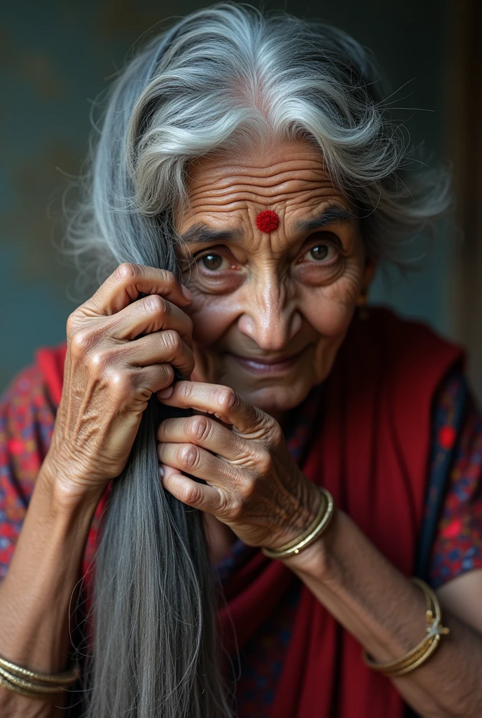 An old Indian grand mother tying her long hair close up view