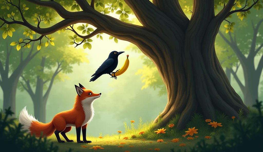 The fox kept teasing the crow, this time with more praise. The banana was still held tightly in his beak.. crow on a tall tree, fox under the tree facing the crow. the fox has no bananas.