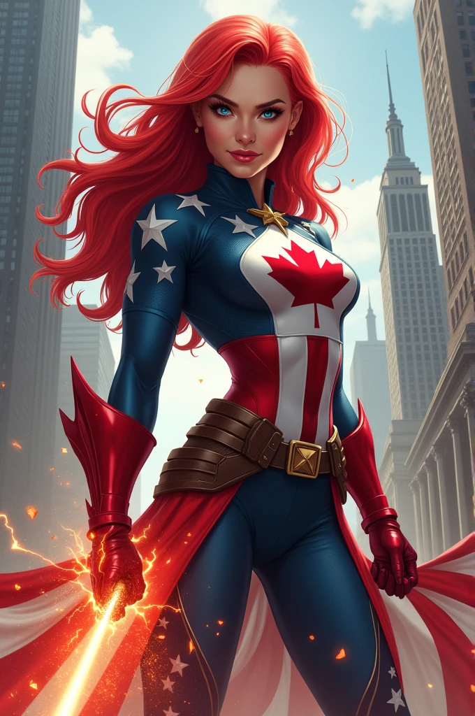 A red-haired woman with very long hair, Super hero, of the United States with the symbol of Canada and capitalist ideology and with a weapon of power
