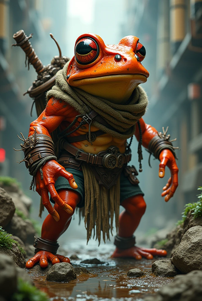 A Grunge Frog from Dungeons & Dragons, he has red skin and is a druid.
