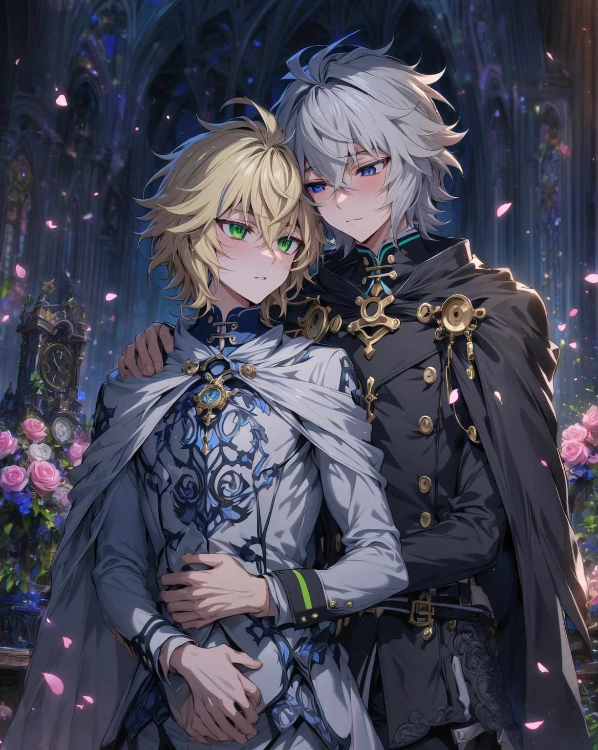 absurdres, highres, ultra detailed, HDR, masterpiece, extremely detailed face and eyes, perfect face, Hyakuya Mikaela, blonde hair, expressive blue eyes, Owari No Seraph, Hyakuya Yuuichirou, black hair, expressive green eyes, two men together, gay couple, yaoi, handsome, white clothes, black clothes, white cape, black cape, patterns, pink roses, petals, in woderland, clock, church