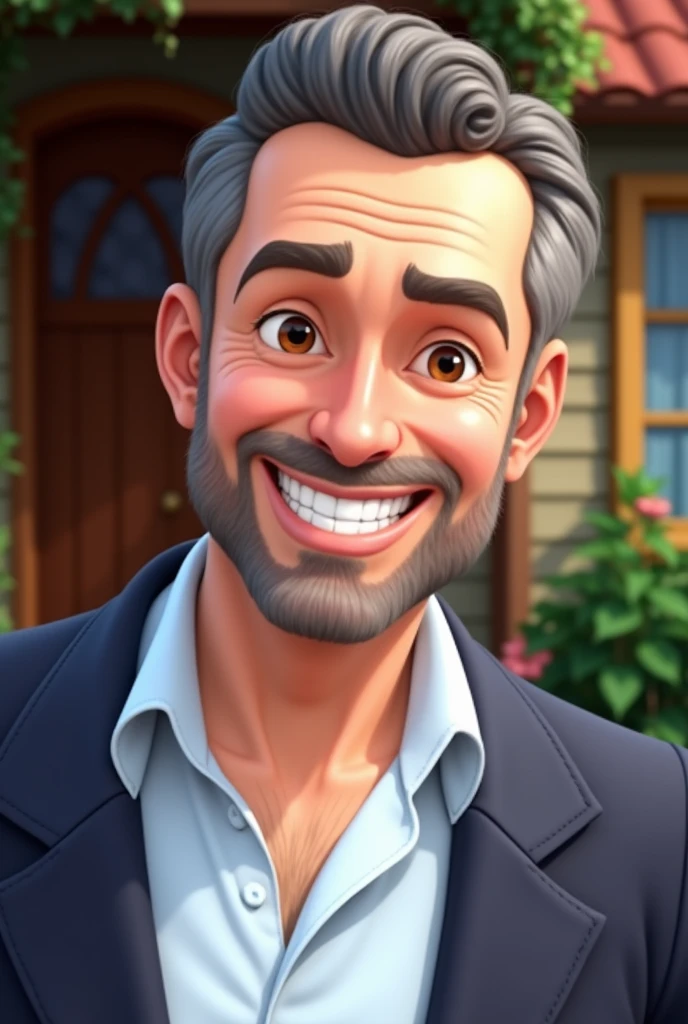 Use the same face of the man in the inspiration image, insert a woman into the scene, his wife and 3 children, everyone smiling like a happy family, use a house and trees as a background, create image in Disney character style, show ALL family membros