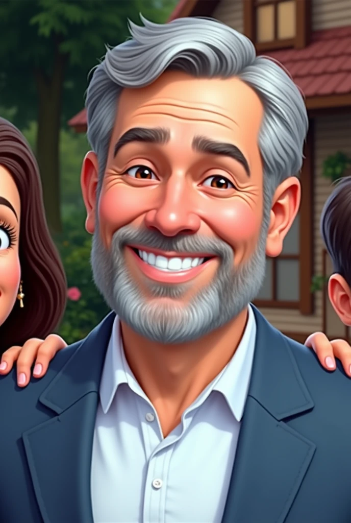Use the same face of the man in the inspiration image, insert a woman into the scene, his wife and 3 children, everyone smiling like a happy family, use a house and trees as a background, create image in Disney character style, show ALL family membros