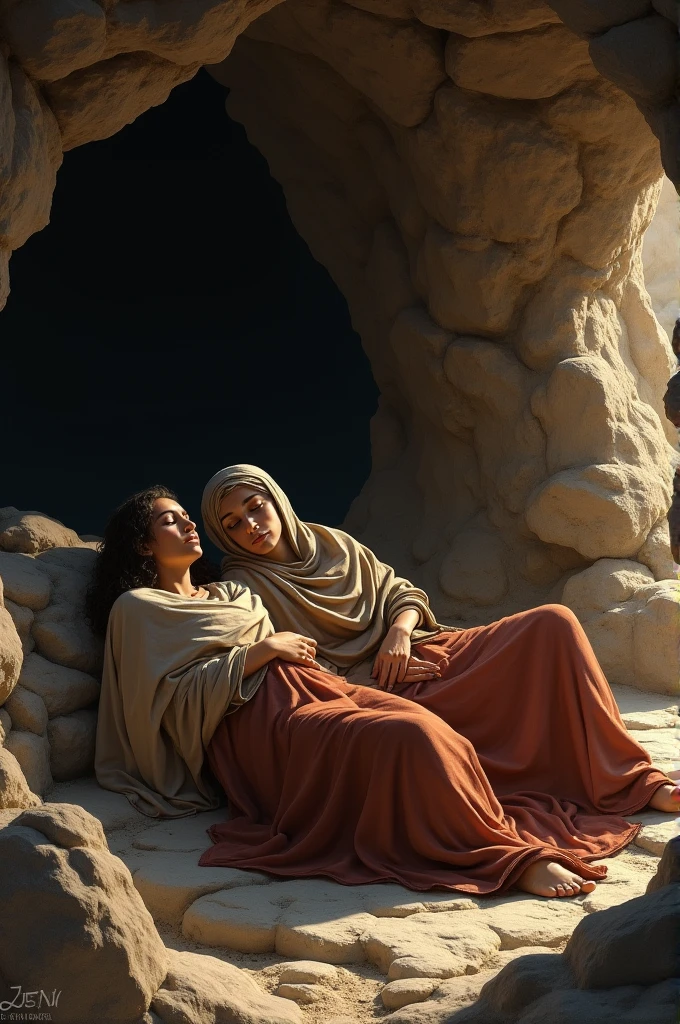 Realistic image of Ruth and Naomi from the Bible sleeping in a cave