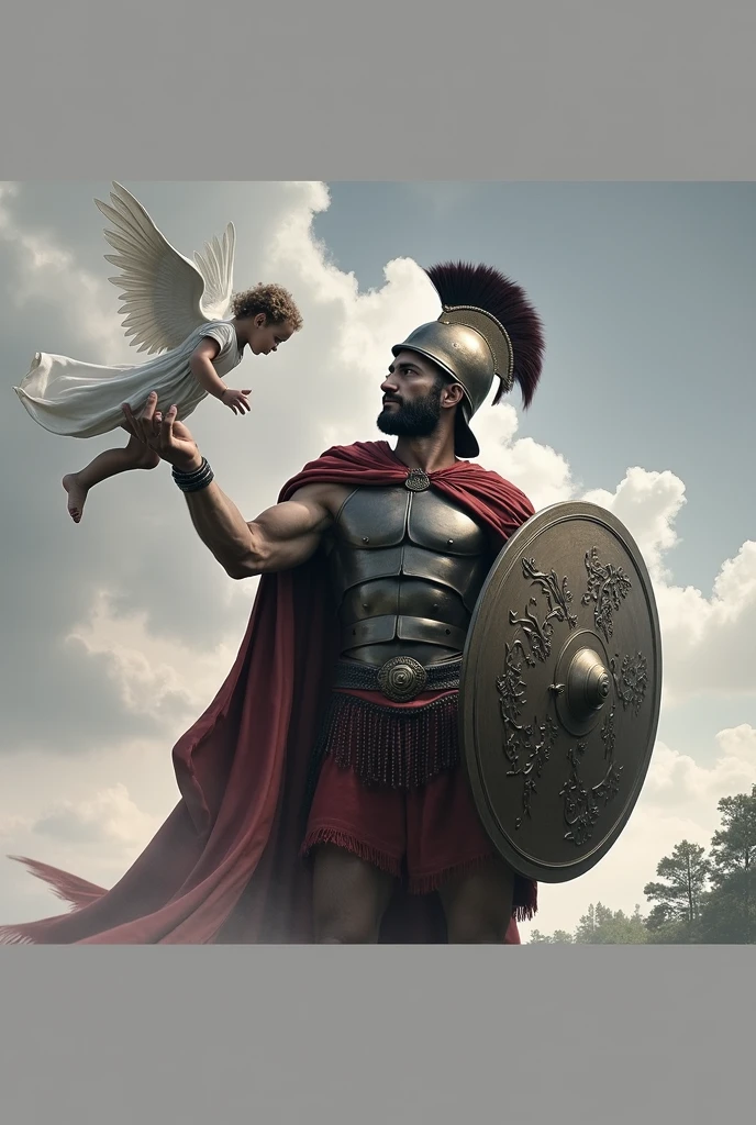 Create a drawing in honor of my father and daughter who died. I need a drawing where it&#39;s a Spartan warrior facing away. with a shield in his hand and the other hand holding a flying child angel
