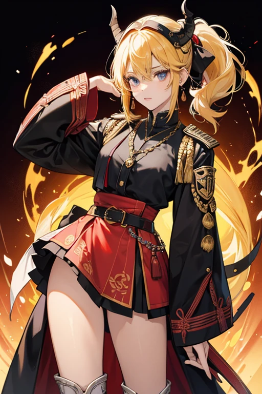 The long part of her yellow hair is tied in a ponytail by a red cord with tassels fading to tan at the ends.
her outfit is a fusion of Western-style attire with parts of samurai armor. sHe wears a decorative, red and black cropped jacket over a black shirt, along with a pair of silver dog tags hanging around her neck. The buttoned cuffs of her gold-trimmed kote-like sleeves are patterned with a fleur-de-lis design. sHe wears a black metal headband on her head, with gold-accented horns resembling the maedate (front crest) of a kabuto helmet. sHe wears a Pyro Vision on her belt, in addition to a kusazuri (tassel) adorned with flaming Kamisato Clan crests on the other hip. The same crest is marked on the poleyns of her boot-laced suneate (shin guards) with tabi shoes. sHe also has small, red studded earrings. SPARKLE; GLITTER