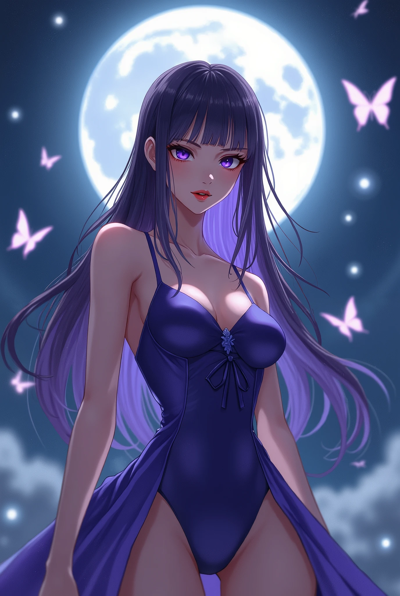 vampire, beautiful and sensual, totally naked, with completely pale skin, with fuchsia eyes, with very long blue curly hair, standing full length on a balcony of a palace under the moonlight, painted by Ayami Kojima
