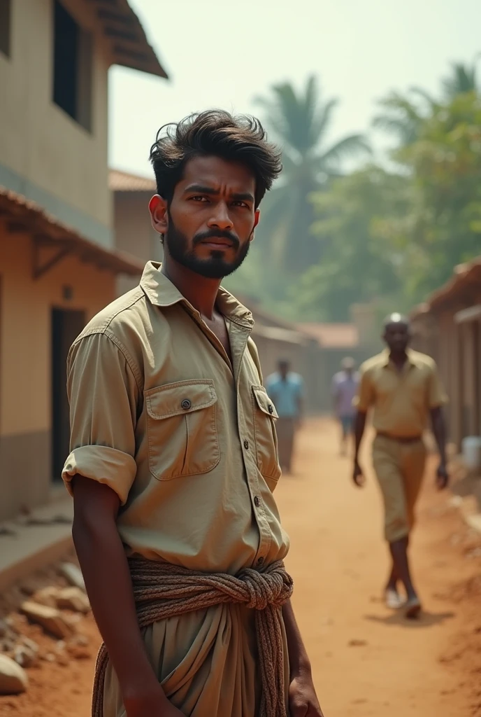 In cinematic real story "Development Project: Arjun, now an adult, overseeing the construction of a school and hospital in his village, symbolizing his achievements and contributions "