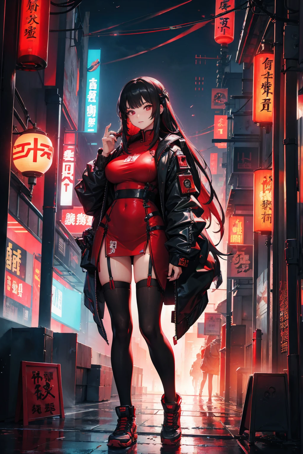 cyberpunk book cover. cybernetic chinese sexy girl wearing red cheonsam in japan future city
