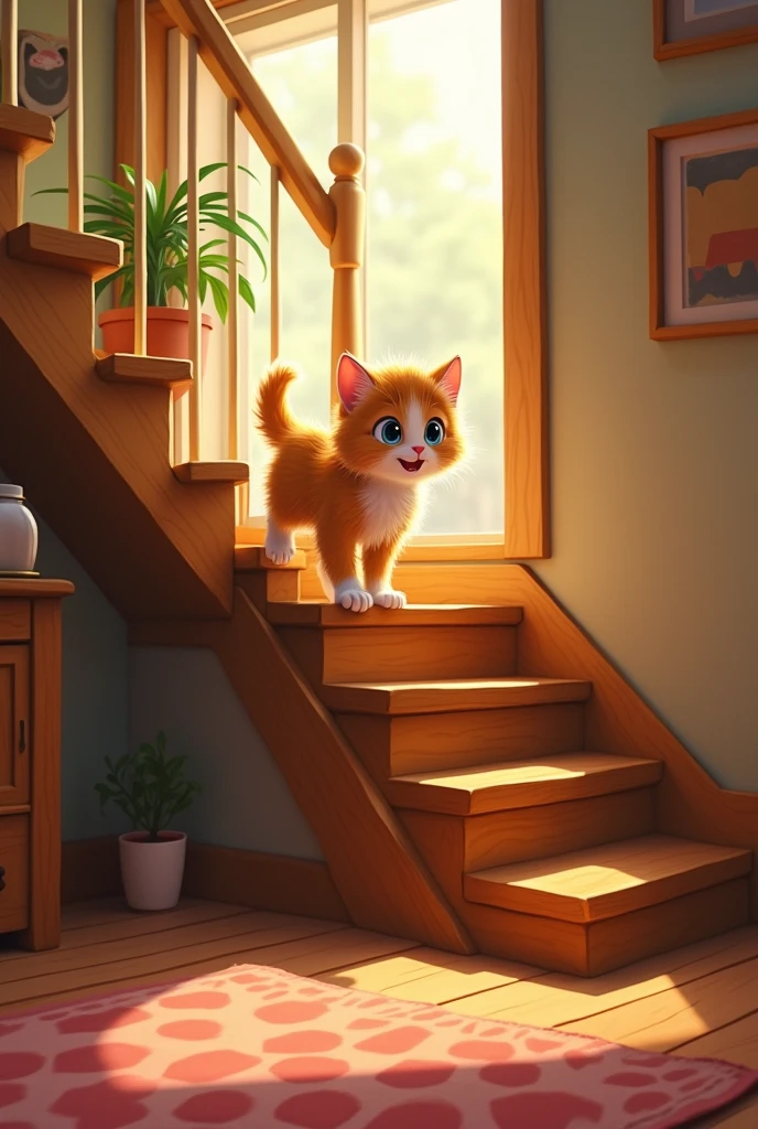 Kitten climbing a staircase in a house , animated cartoon