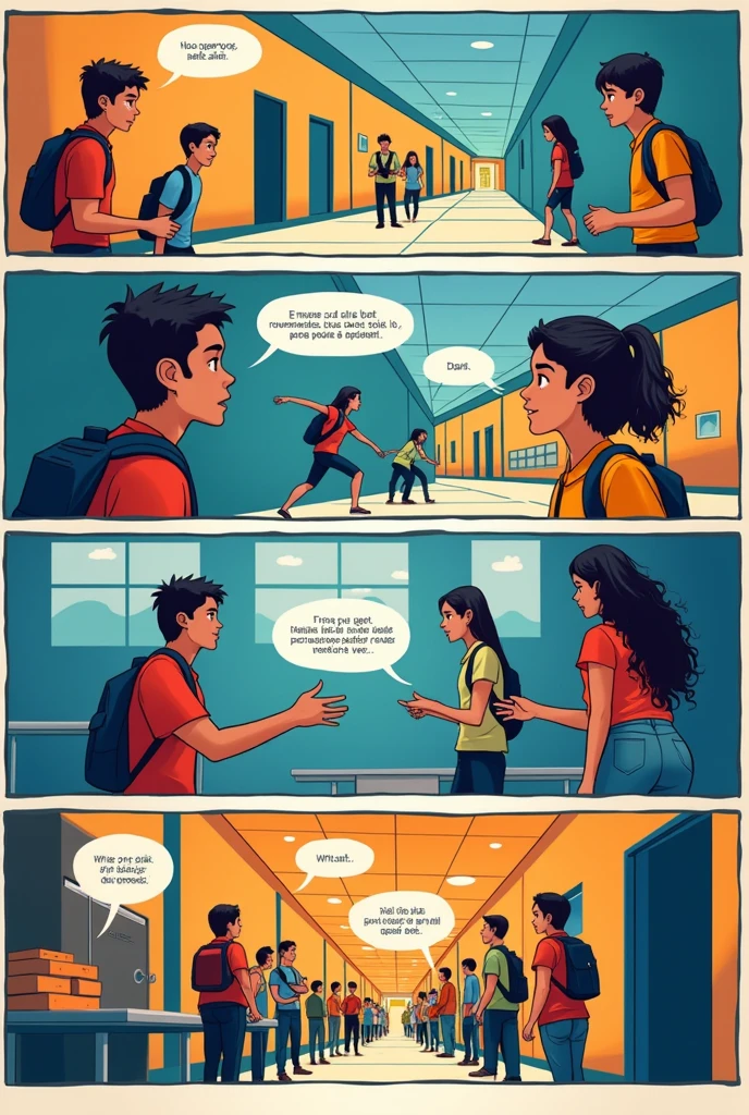 Create a flat-sheet comic against school violence, A color , the dialogues in Spanish and horizontally