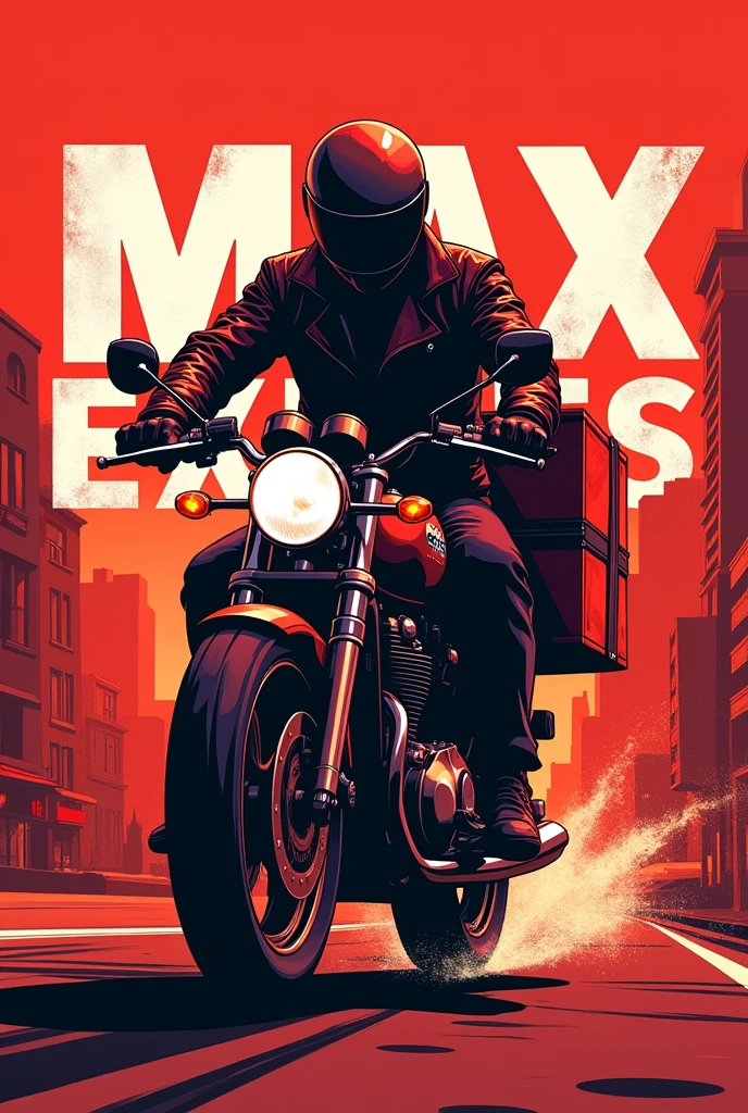  Red drawing of a biker with a box behind him with the title Max express 