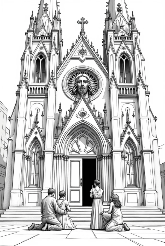 the facade of a Catholic church from the outside with a family composed (Baba, Mother, daughter and son) on your knees around the church, and the image of the face of Jesus Christ on the left side of the church, all in black and white drawing without shadows and without painting