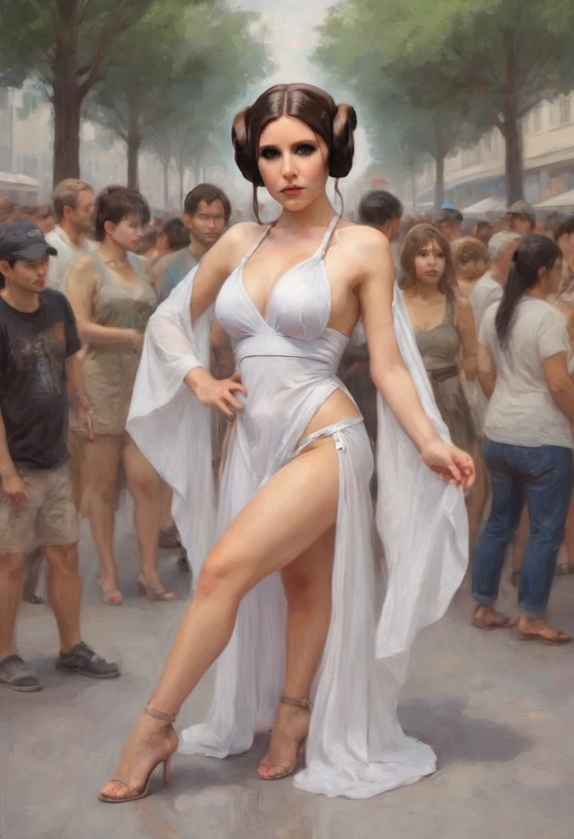 a cute woman in a sexy princess leia cosplay, white, airy, sheer, legs and bust over exposed, posing with other sexy cosplay, mainly anime, flirty poses, crowded comic con, best quality, 4k, 8k, highres, masterpiece, ultra-detailed, realistic, photorealistic, photo-realistic, HDR, UHD, studio lighting, ultra-fine painting, sharp focus, physically-based rendering, extreme detail description, professional, vivid colors, bokeh, portraits, photography, concept artists

