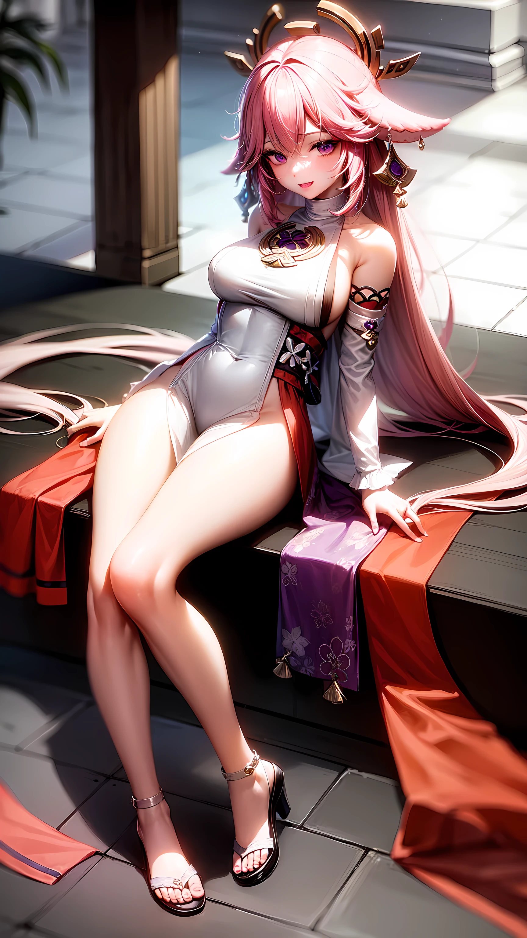 Yae Miko,purple eyes,Wedding Dress,long skirt,seductive face,legs open