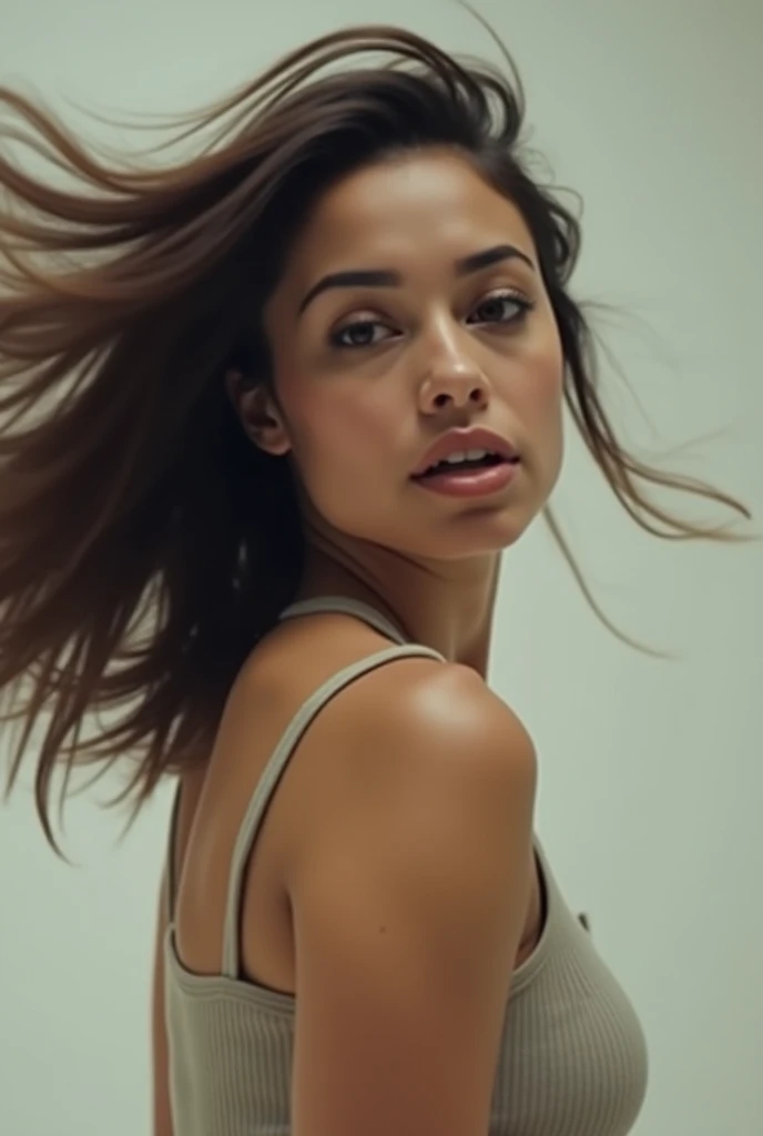A video of a woman shaking her head left, right and up
