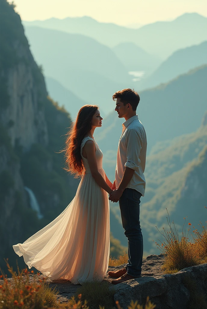A beautiful girl with red eyes stand at mountain and holding her boyfriend hand 