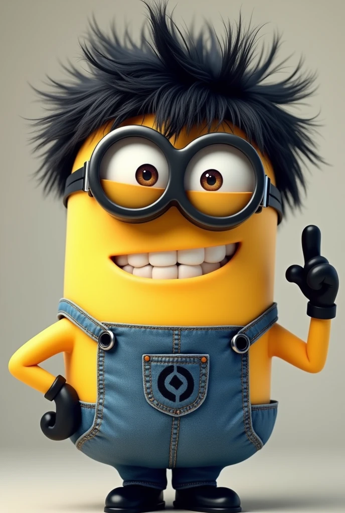 a minion with black hair and black glasses showing a finger up
