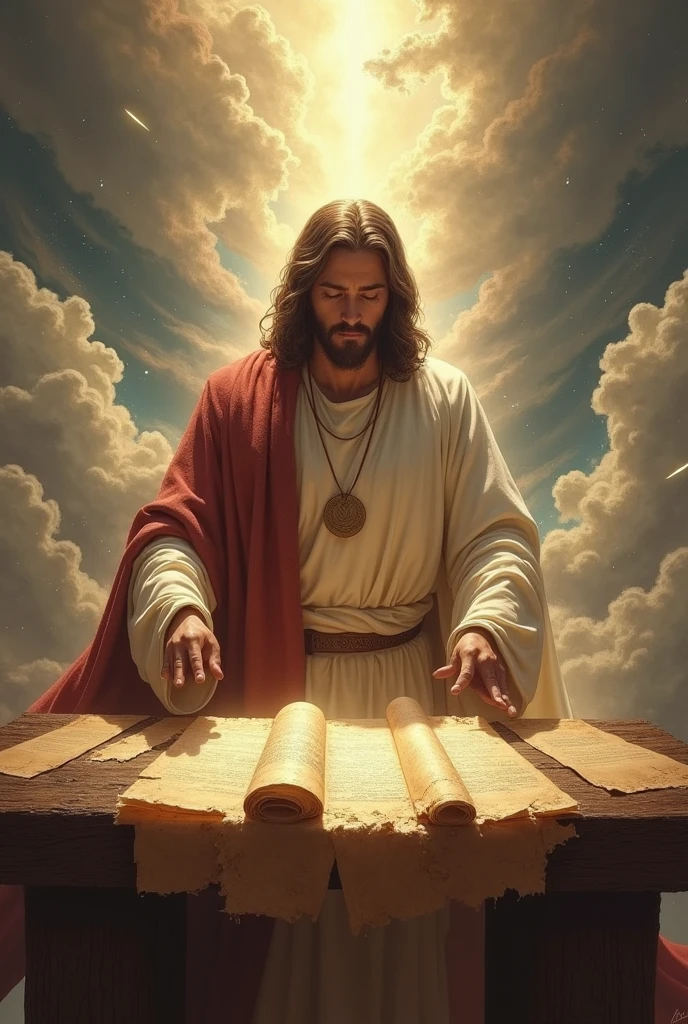 Create an image of Jesus opening the 7 seals