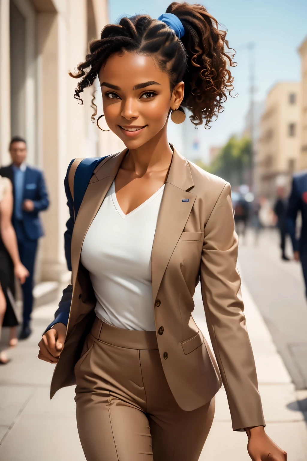 full body walking front face photograph of a light brown woman with short loose curly ponytail  hair  and a friendly and happy expression, perfect eye. The woman is using a blue suit and in the neutral background. Porta 160 color, shot on ARRI ALEXA 65, bokeh, sharp focus on subject