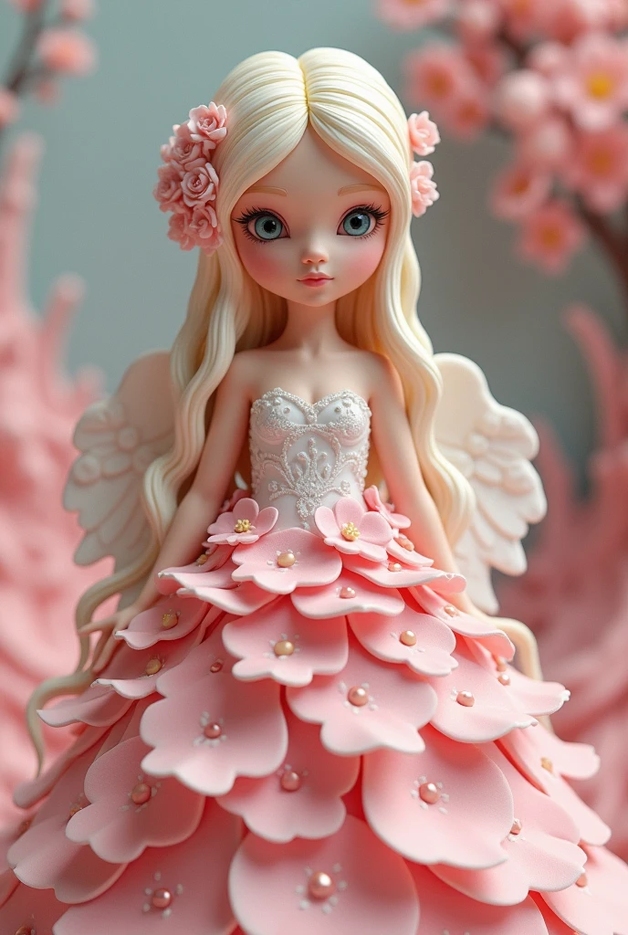 A 3D illustration of a woman adorned with an elaborate dress and floral embellishments in a pastel color palette.
Close-up. A beautiful girl made from threads of white and dark chocolate glaze. Long dress made of layered pink fondant petals and pearlescent white sequins and pearlescent polka dots to create shine and shimmer, with a silky sheen, hair made of small fondant flowers. The background is a luxurious flowering forsythia bush, an intricate pattern. In the background are hills in soft pastel colors made of marzipan. Surreal fantasy, style Paul Kidby, Gediminas Prankevicius, Jacek Jerka, Artstation, extremely detailed, aesthetic, concept art, ultra-fine detail, stunning, 8k resolution, VRAY tracing. Edward Gorey, Clean lines by Patrick Nagel, painting on silk, wet watercolor on silk, adorable, sweet, angelic, cherubic, lovable, cuddly, delightful, disarming, kawaii, Encaustic and Engraving and embroidery patchwork, elaborate, complex and intricate, book illustration by Quentin Blake, Walter Crane, Warwick Goble