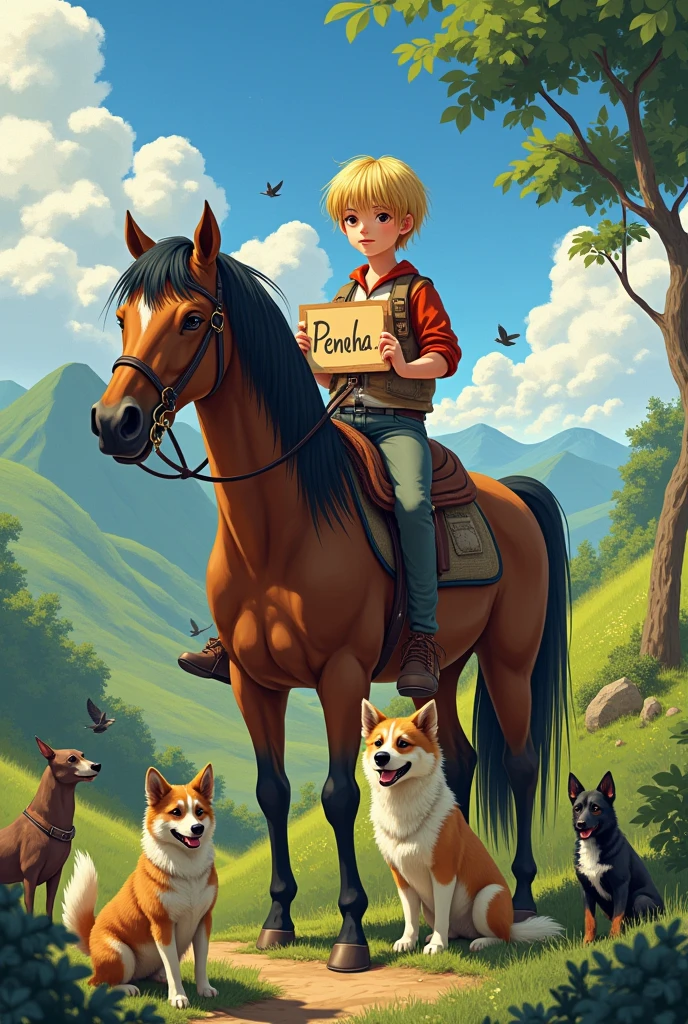 create an image of a young teenager with dark blonde hair and bangs, bowl-style hair and tall height. With several dogs and birds around him and him on top of a brown horse. Don't make the image childish. He also holds a sign saying ''PENHA''
