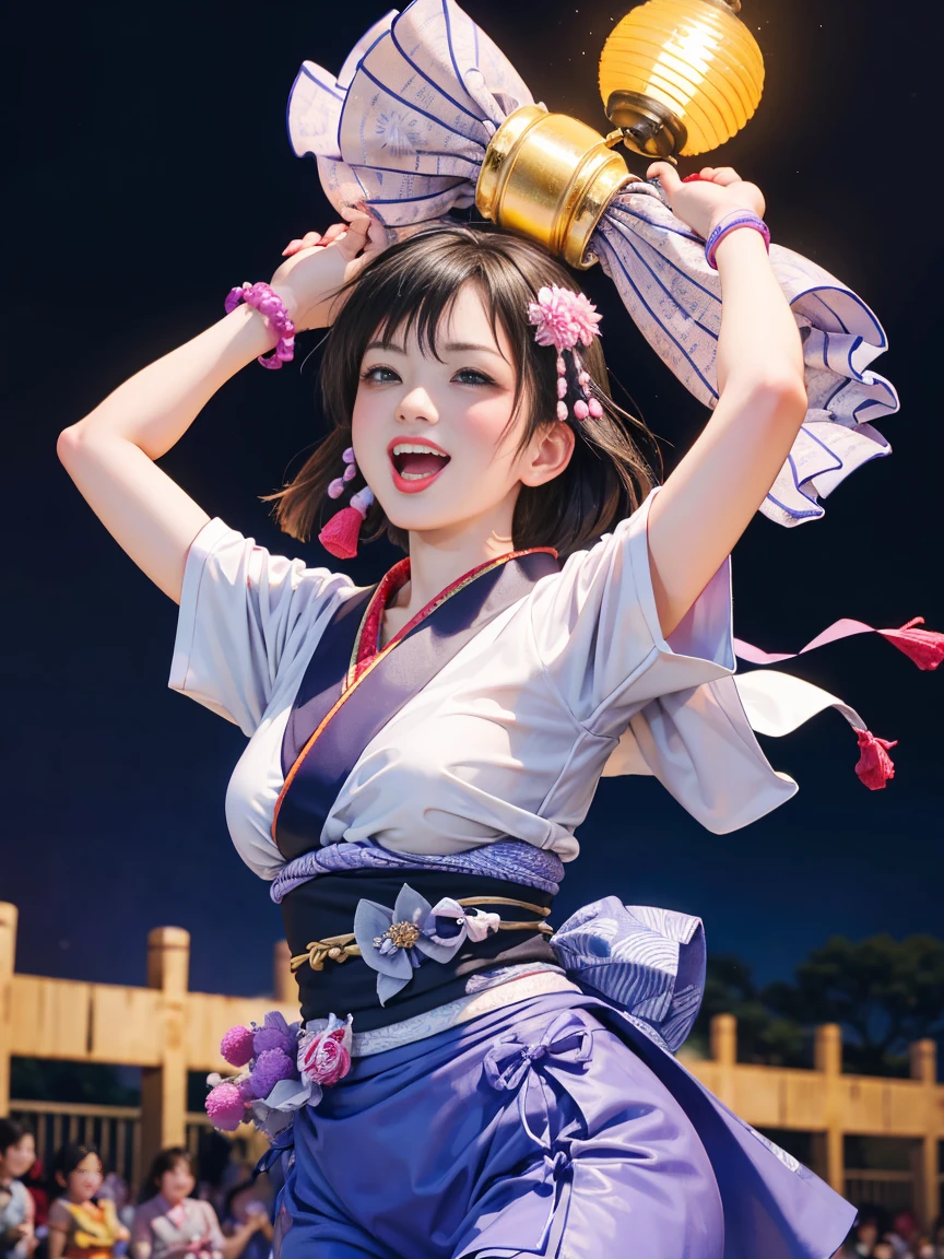 (Japan Bon Odori,最高masterpiece,Highest quality), Hot August,In the park square,They dance in a circle around a stage decorated with lanterns.,Bright vibrant anime art,People of all ages and genders dance and dance, Dancing in yukata,Laughing and dancing, Showing white teeth,Men and women dance in a circle, masterpiece,Highest quality,High resolution,