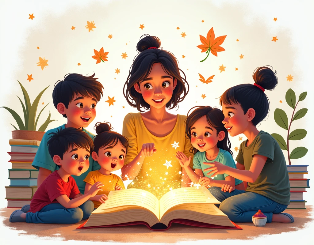 An image that visually represents the power of storytelling in education. The scene shows a warm, welcoming environment with a diverse group of children and an adult (such as a parent or teacher) sitting together, surrounded by books and vibrant illustrations. The adult is animatedly telling a story, with magical, glowing symbols and images such as books, animals and trees emanating from an open book in his hands. A colorful world filled with characters and scenes from the story. Set against a white background.