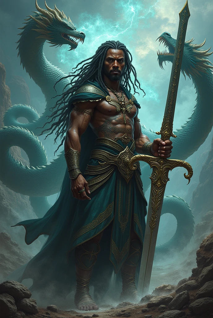 black guy with dreads holding a sword with dragons in the background