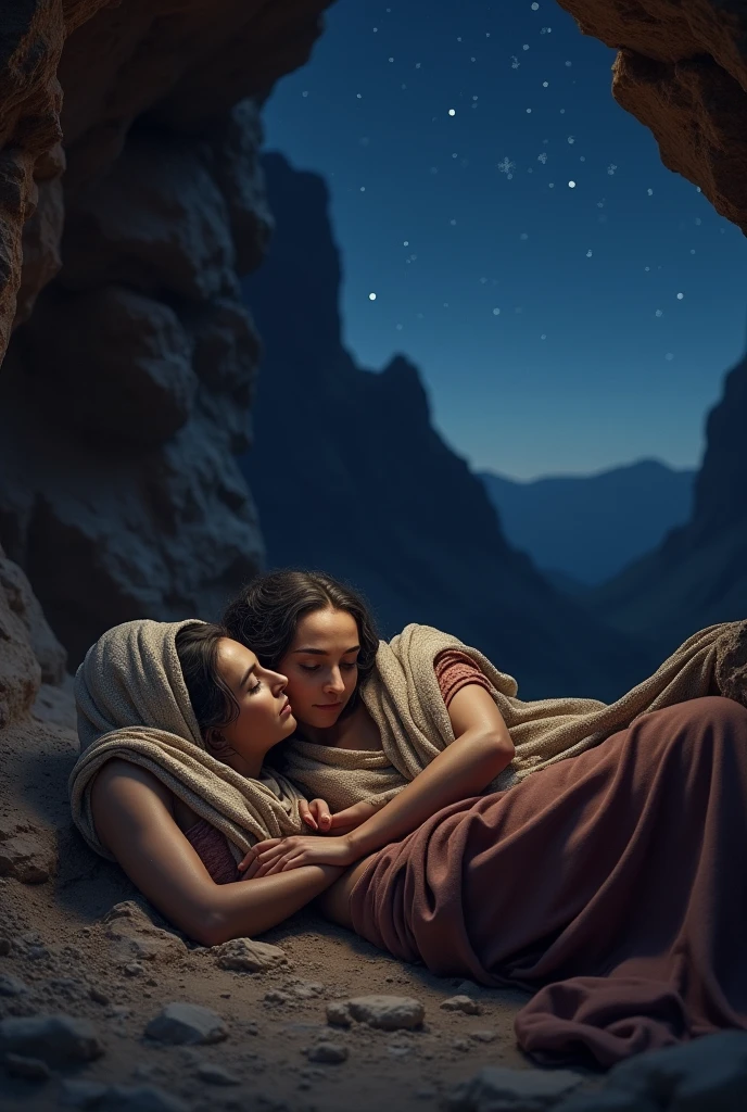 Realistic image of Ruth and Naomi from the Bible sleeping in a cave at night