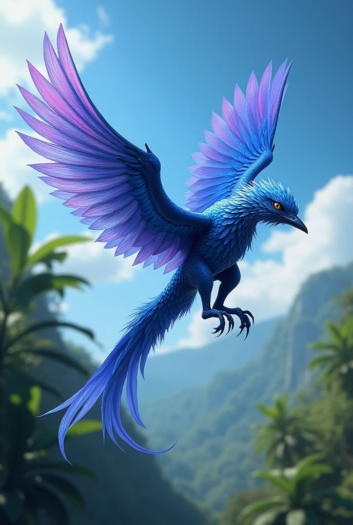 Realistic Kimera and dynamic image with movement that is a mix between the blue hydrangea and the blue widow bird of Costa Rica, not so mythological but real

