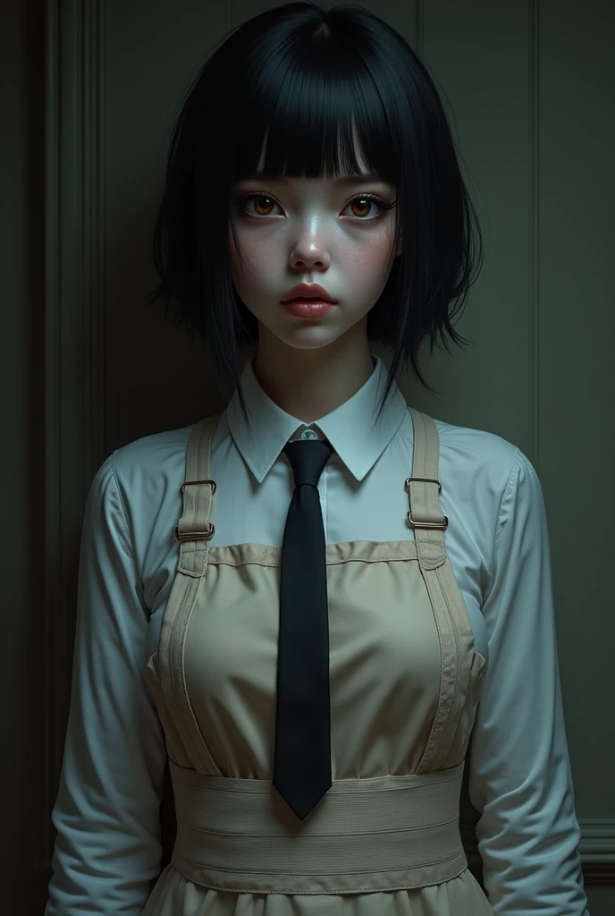 ((masterpiece, best quality)), (1 Girl), (Solitary), (Women's Focus), night (Chainsaw Man),(Very rich facial details, Real images, Realistic white skin, Realistic body, Intricate details), Upper Body, Serious , Brown eyes, Looking at the audience, bandage over the body, Black Hair, Long-sleeved shirt, Apron Dress, Black tie, bandage, bandage, Small Breasts