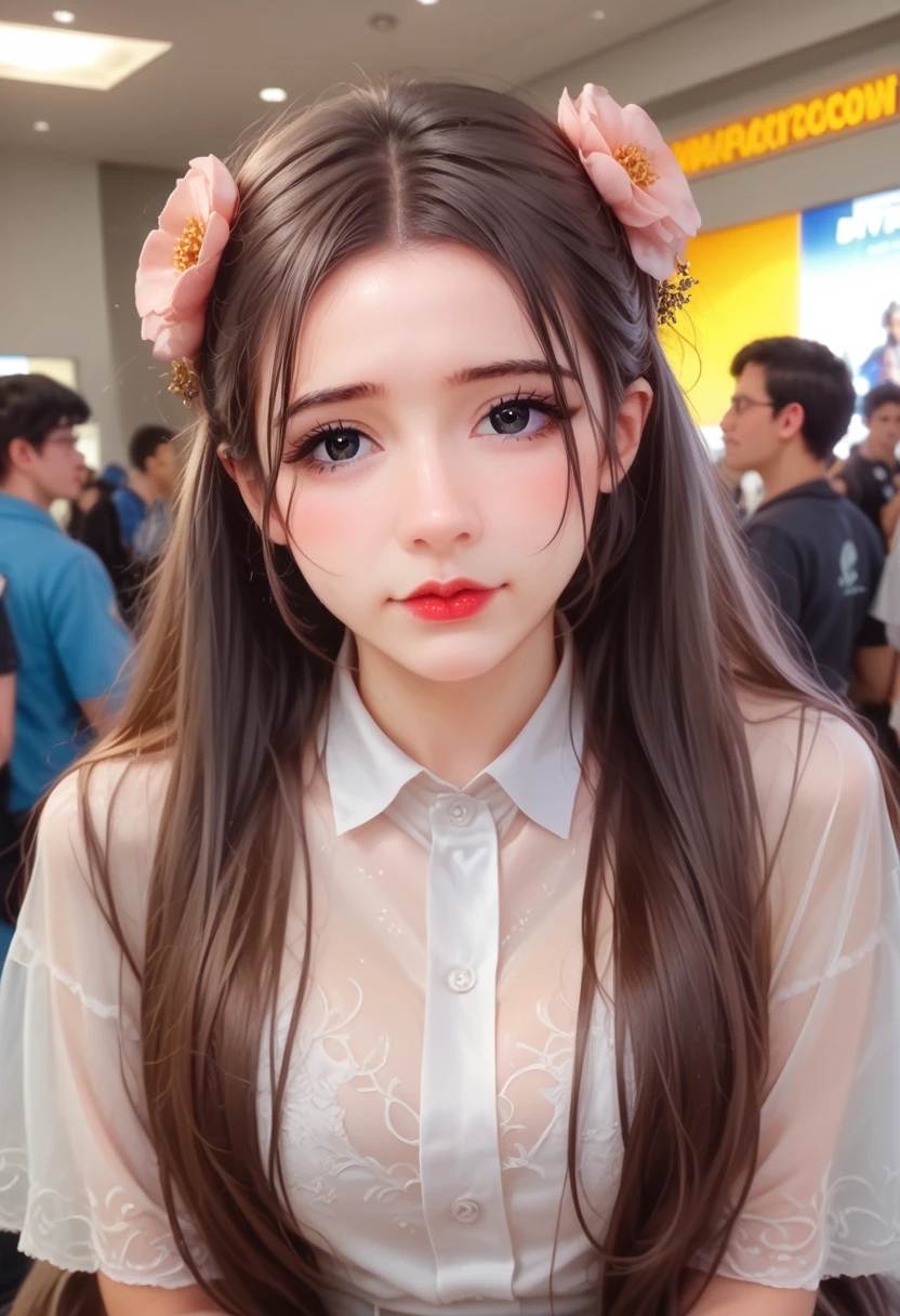 a cute woman in a sexy princess leia cosplay, white, airy, sheer, legs and bust over exposed, posing with other sexy cosplay, mainly anime, flirty poses, crowded comic con, best quality, 4k, 8k, highres, masterpiece, ultra-detailed, realistic, photorealistic, photo-realistic, HDR, UHD, studio lighting, ultra-fine painting, sharp focus, physically-based rendering, extreme detail description, professional, vivid colors, bokeh, portraits, photography, concept artists