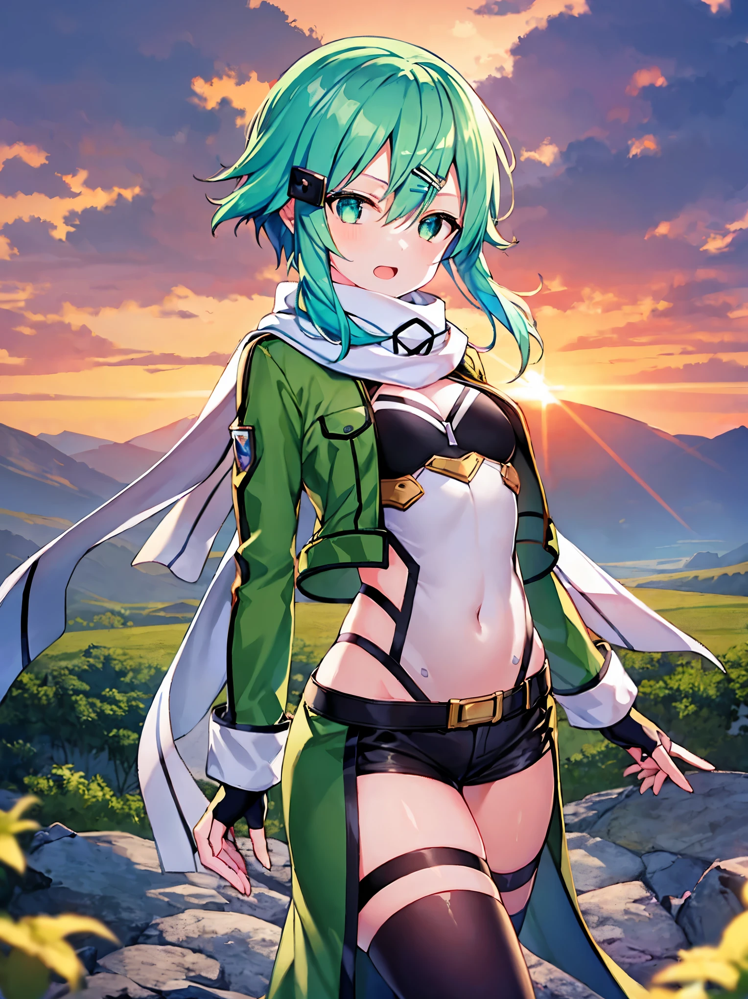 (masterpiece), best quality, expressive eyes, perfect face, highres, sinon1, scarf, fingerless gloves, long sleeves, short shorts,groin, hair ornament, hairclip, green thighhighs, green jacket,covered_nipples, thigh strap, field, sunset_ruins_landscape_background, ruined structures, dynamic_posing,,,covered_navel,open_mouth,put_on_foot_on_rock。