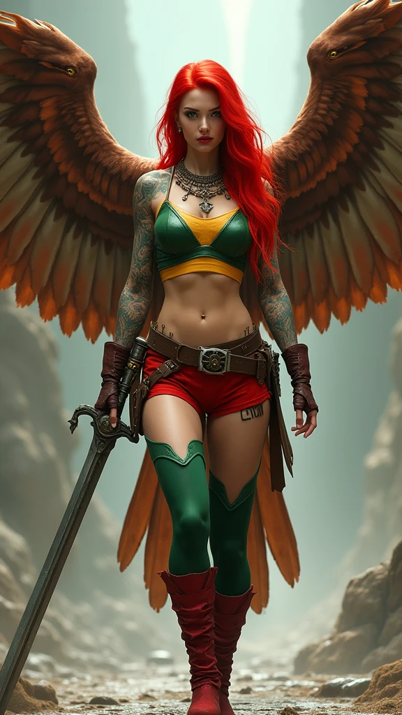 A beautiful red-haired woman wearing a green leather top with yellow in the middle and cali green leggings with red shorts or thong over the leggings, red sheepskin boots, a giant wide-brimmed sword, huge brown falcon wings that cover her entire body, a brown harness on her chest, tattoos on one of her arms, a long braid blowing in the wind