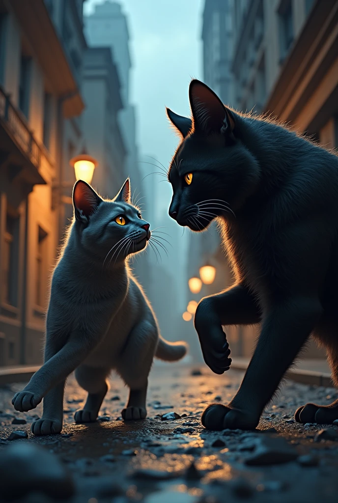 One day, as the sun dipped below the horizon, the air grew tense. A shadowy figure emerged from the alleyway—Razor, a lean, scarred, and fierce cat with a reputation for ruthless fights. Razor had returned to reclaim what he believed was his. Titan watched from afar, his sharp blue eyes narrowing. He knew this fight was inevitable, but it wasn’t just about territory anymore—it was about survival.