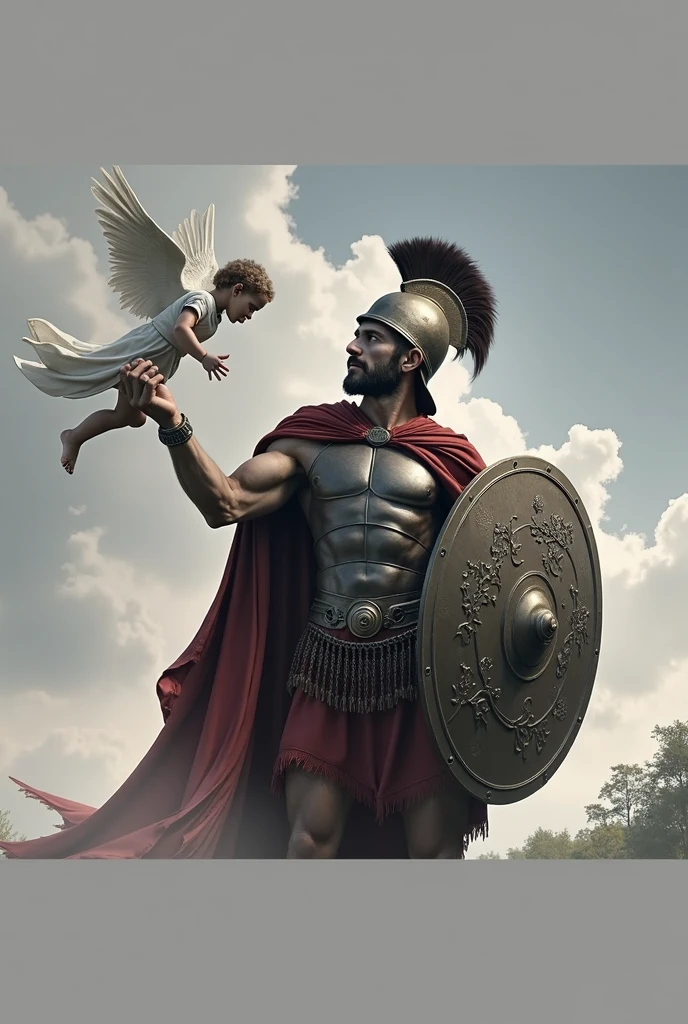 Create a drawing in honor of my father and daughter who died. I need a drawing where it's a Spartan warrior facing away. with a shield in his hand and the other hand holding a flying child angel
