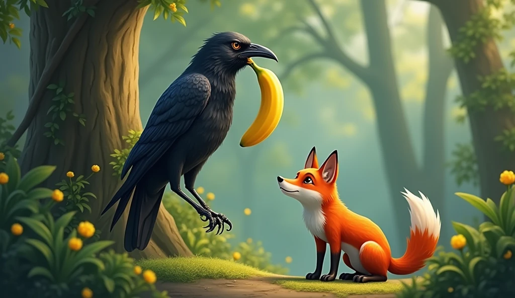 The banana is still tightly gripped in the crow's beak. crow on a tall tree, fox under the tree facing the crow. the fox has no bananas.