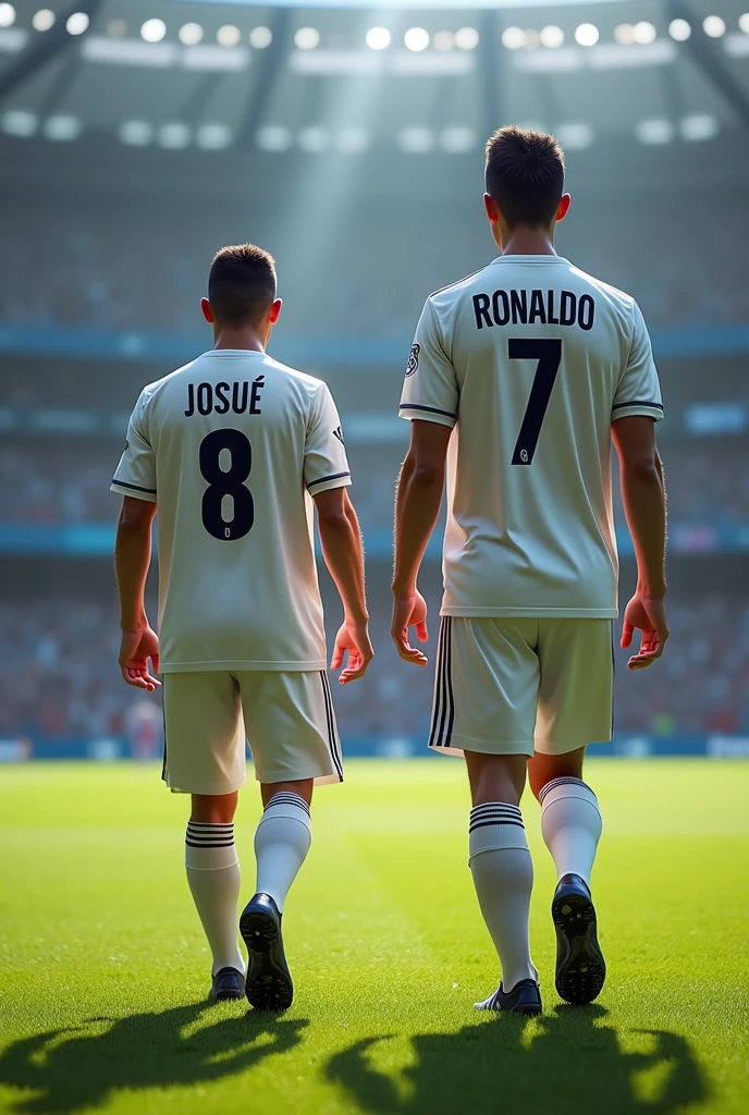 an adult with the real madrid shirt with the name "Josué" number 8, with his back walking across the field and cristiano Ronaldo with the back also walking next to him (cristiano Ronaldo's outfit: real mardid shirt with the name "cristiano Ronaldo" number 7) (Josué's height: 1.74, Cristiano Ronaldo's height: 1.87)