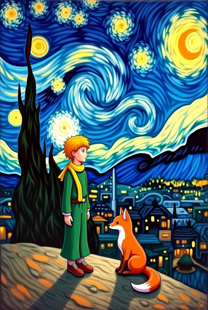 Make Van Gogh's Starry Night with the little prince in green clothes and the yellow scarf and the fox