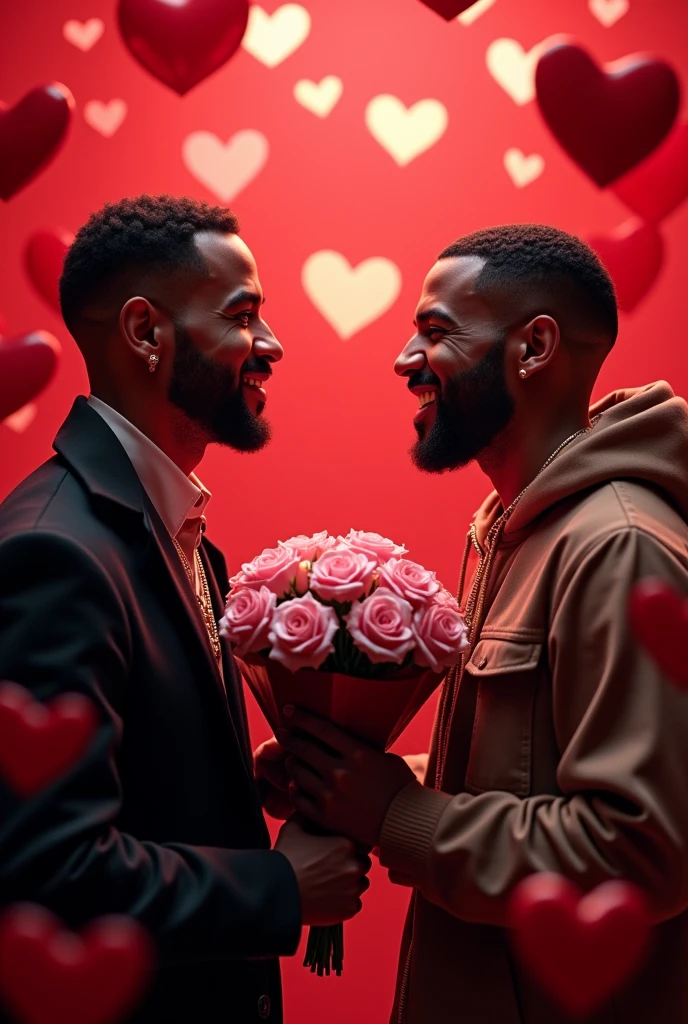 Kendrick Lamar (rapper) giving Drake (rapper) pink roses, both show affection and love, surrounded by red hearts
