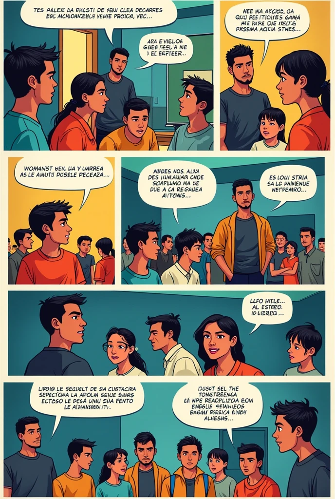 Create a flat-sheet comic against school violence, A color , the dialogues in Spanish and in horizontal form