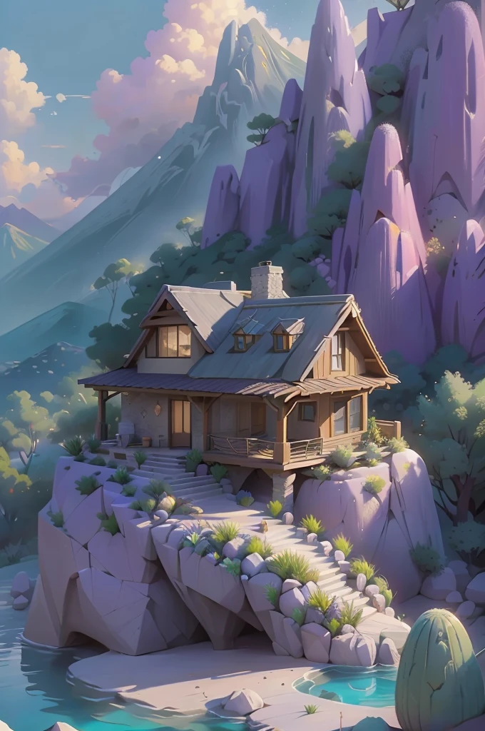small and beautiful modern house in top of big boulders, terraces, pool, stairs, multiple cacti gardens, palms, trees, rocks, beautiful landscape design, mountains and volcano y background, amazing clouds, sun, moon, planets, milky way galaxy, concrete, wood, glass and steel materials, olive green, violet, orange and withe colors in facade