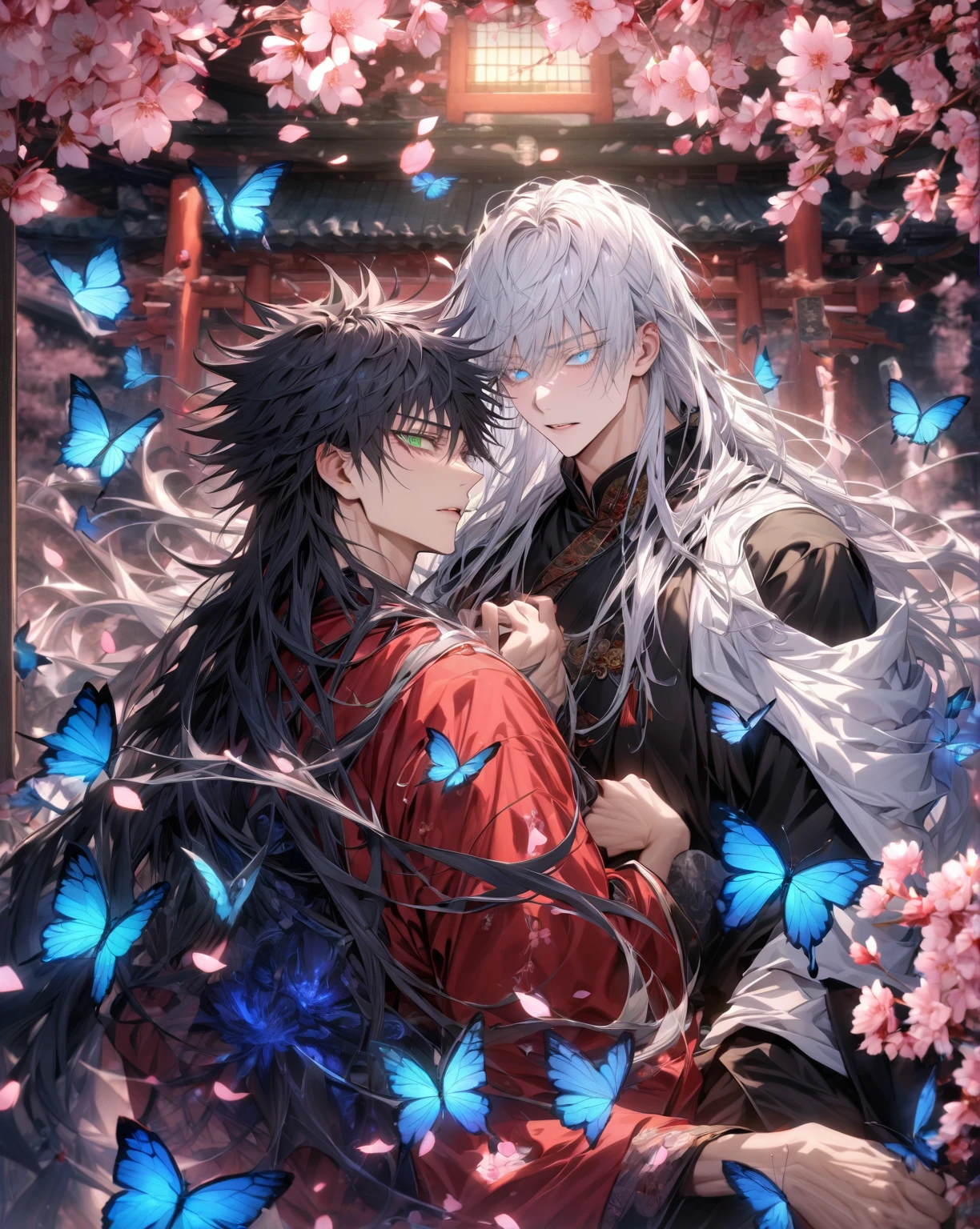 absurdres, highres, ultra detailed, HDR, master piece, Gojou Satoru, white hair with bangs, long hair, white eyelashes, expressive blue eyes, white and black Chinese robes, Fushiguro Megumi, long hair, black hair, expressive green eyes, red Chinese robes, Jujutsu Kaisen, accessories, two sexy man together, handsome, best quality, fantasy, magical, solo, sensual, blue butterflies, cherry blossoms, pink petals, shrine, manly man, glittering