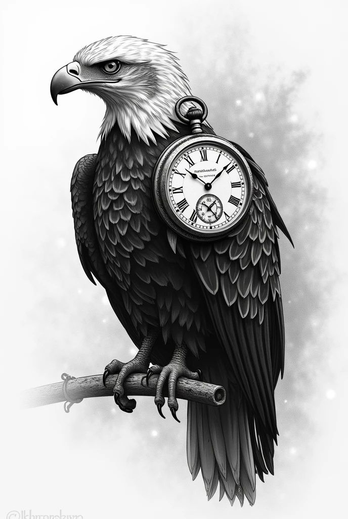 Black and white drawing of an eagle with an antique watch that fits on one arm