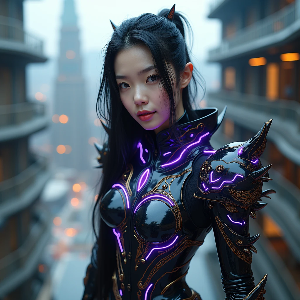 Looking at the camera while smiling.fantasy, mythological, beautiful korean woman with long black hair like a knight character in futuristic black chrome armor and purple-blue LED neon cyber components, This character has a delicate appearance and intricate surrealism, orange steel metal with glittering bright gold reflective, ferocious design and texture, elegant steel boots, breast, sexy, standing on a black ceramic floor with unique motifs, on top of a multi-storey building. UHD