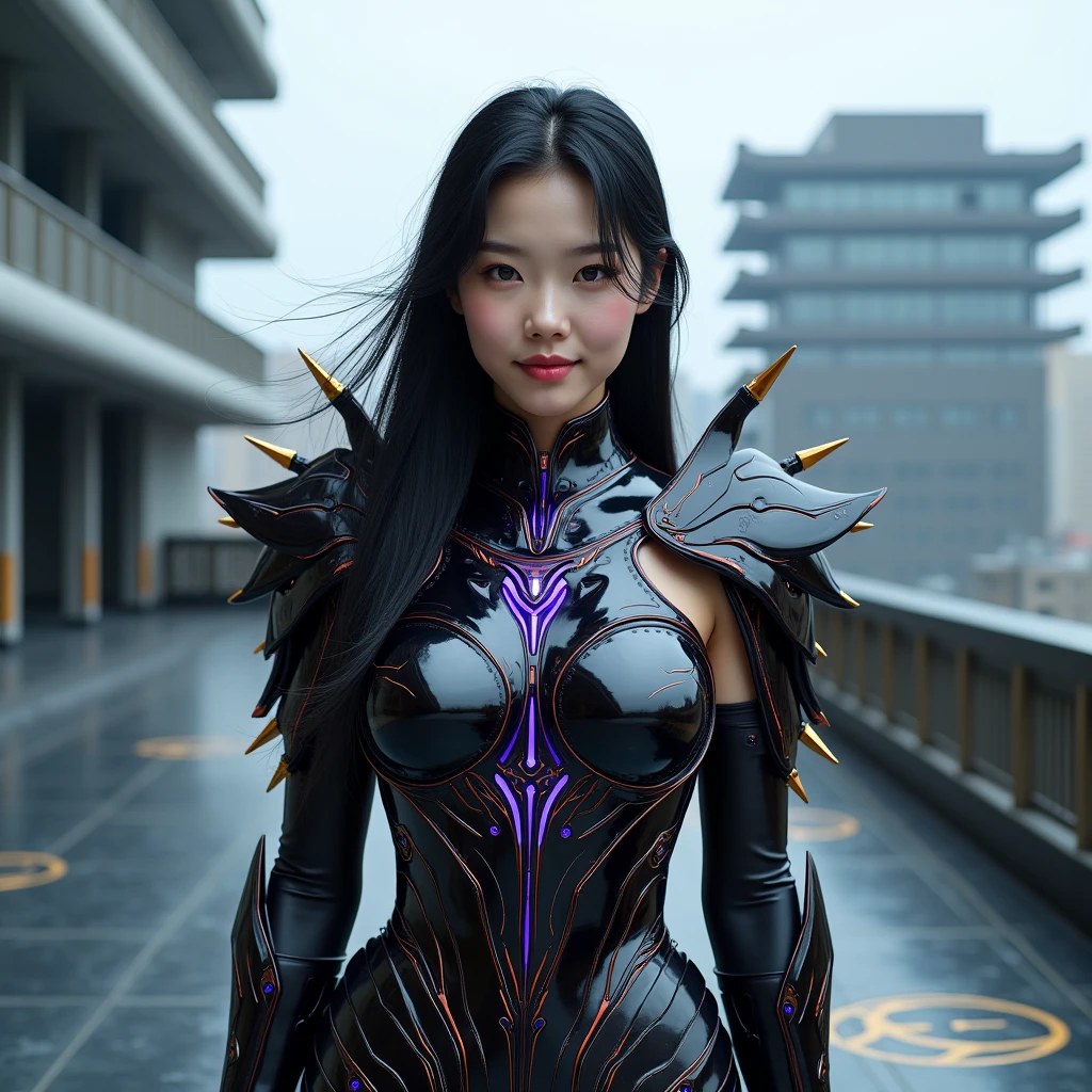 Looking at the camera while smiling.fantasy, mythological, beautiful korean woman with long black hair like a knight character in futuristic black chrome armor and purple-blue LED neon cyber components, This character has a delicate appearance and intricate surrealism, orange steel metal with glittering bright gold reflective, ferocious design and texture, elegant steel boots, breast, sexy, standing on a black ceramic floor with unique motifs, on top of a multi-storey building. UHD
