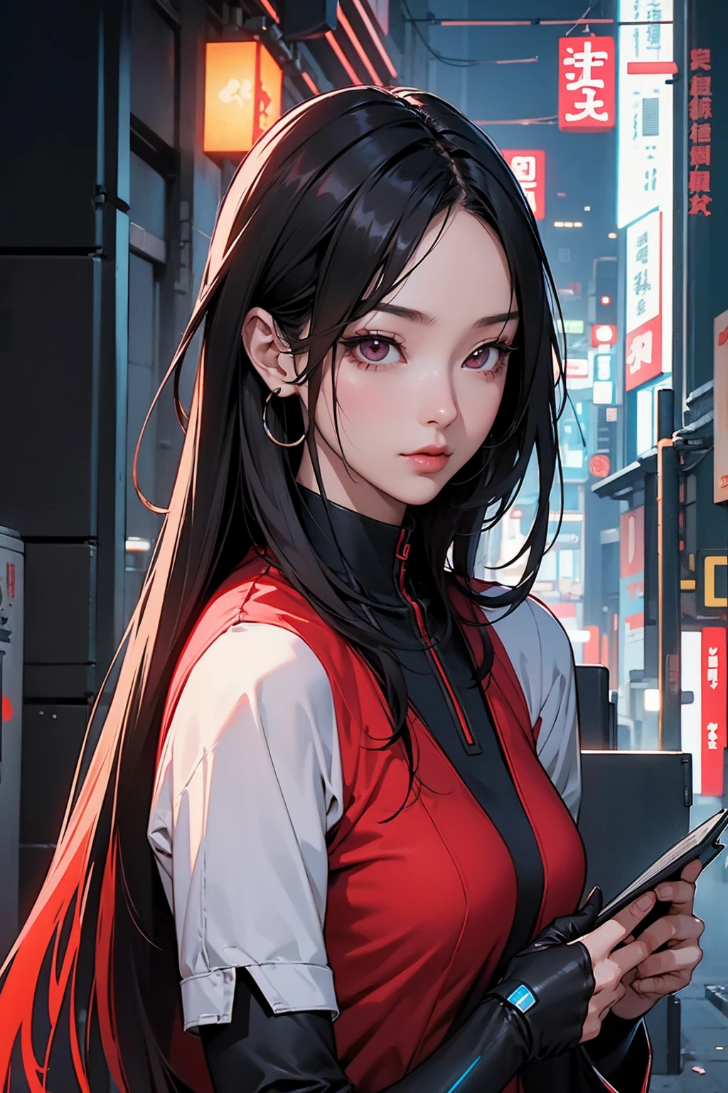 cyberpunk book cover. cybernetic chinese sexy girl wearing red cheonsam in japan future city