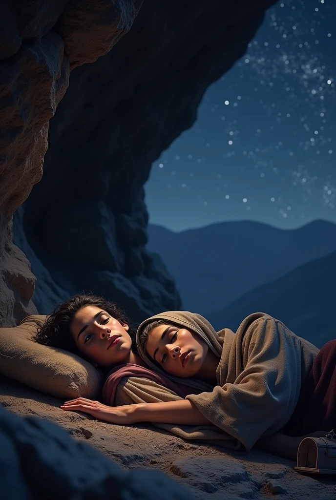 Realistic image of Ruth and Naomi from the Bible sleeping in a cave at night